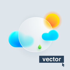 Number zero logo made of sun, clouds, and green drop under mate glass. Realistic 3d glass morphism style emblem.