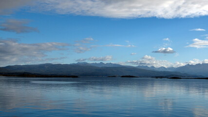 The Beagle Channel, surrounded by mountains, near Ushuaia, Argentina