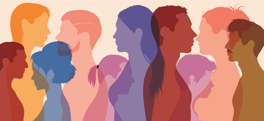 There is dialogue between peoples. Collared flat cartoon profiles. Crowds that talk and multiple exposures are shown.