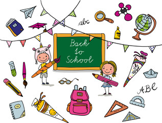Back to school -cute boys and girls with rulers, pencils, brushes and ABC - excited to go back to school - colorful hand-drawn cartoon. Suitable for banner or greeting card.