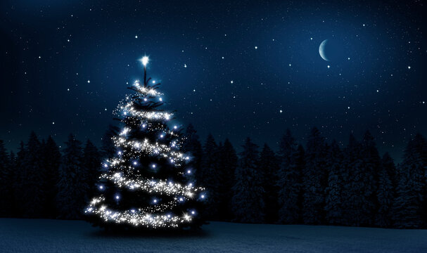 Beleuchteter Christbaum in einem Winterwald bei Nacht