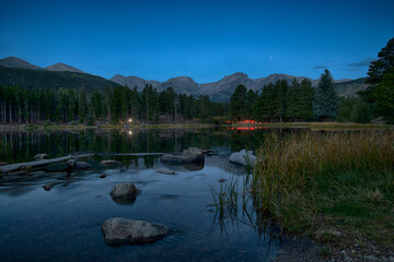 Sprague Lake in Rocky Mountain National Park at twilight