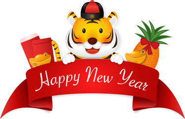 Fototapeta na wymiar Happy Chinese new year cute cartoon tiger and red ribbon tag pineapple red envelope