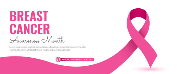 Breast cancer awareness month horizontal banner template design. Editable banner with pink ribbon illustration.
