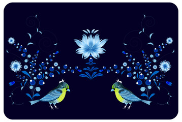 Two decorative chickadees with a delicate bouquet of flowers on a blue background