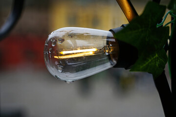 An incandescent filament bulb that gives warm light on a dark rainy day