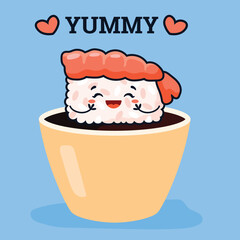 Sushi card or Japanese restaurant poster with cute kawaii sushi roll, vector.