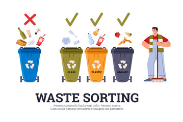 Waste sorting and recycling concept with trash bins flat vector illustration.