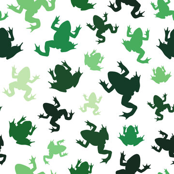Seamless pattern with green silhouettes of river frogs. Colored vector background on white.