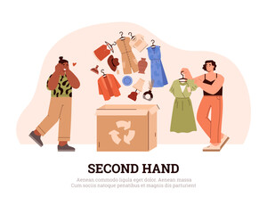 People put unnecessary clothes and decors in box to give to others flat style