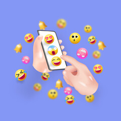 Social media concept. Marketing time. Realistic abstract 3d design. Cartoon style. In hand phone sends emoticons of emotions to friends. Mobile Template Social network. smile icon.