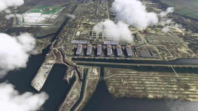 Aerial view flying above the clouds at the Zaporizhzhia Nuclear Power Station in Ukraine. Europe