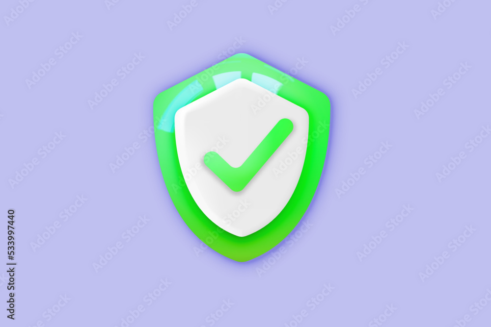 Poster 3d security safe icon. 3d shield protection icon with check for online payment on pastel background 