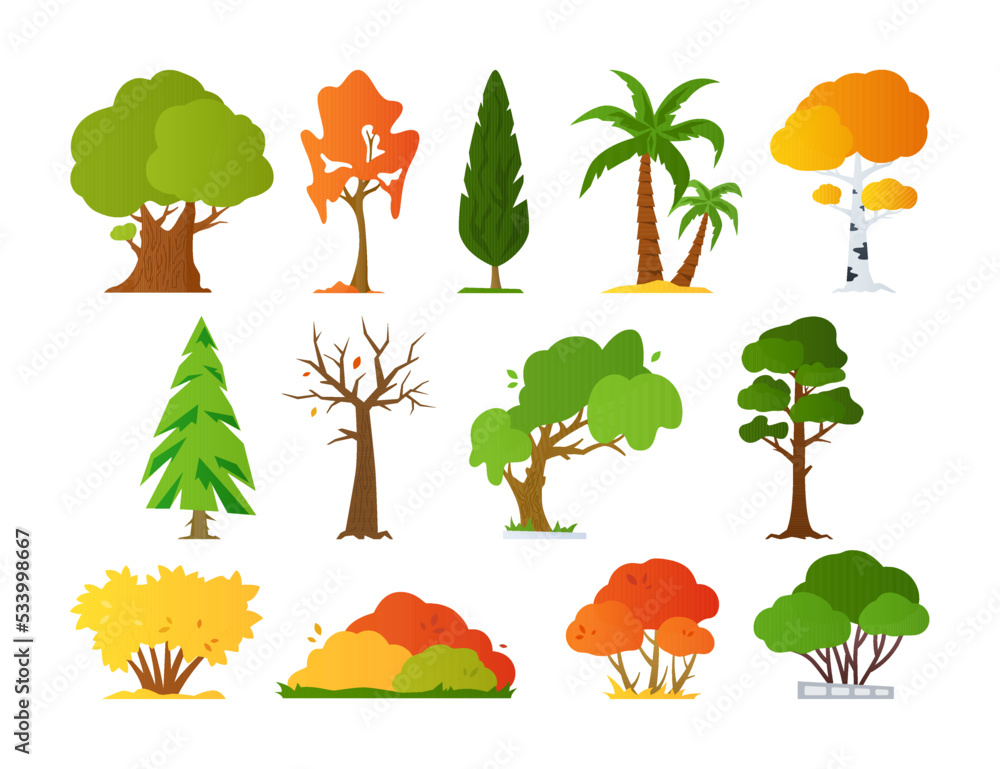 Poster summer and autumn trees - flat design style objects set