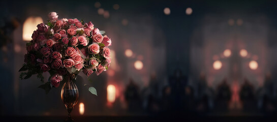 Romantic bouquet of roses. Fantasy rose, light blurred bokeh. Romantic evening atmosphere, rose garden, rose bouquet, flowers. 3D illustration - obrazy, fototapety, plakaty