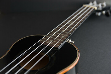 Fototapeta premium Close up ukulele isolated on dark background. Copy text.