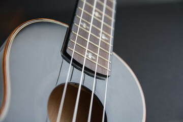 Close up ukulele isolated on dark background. Copy text.