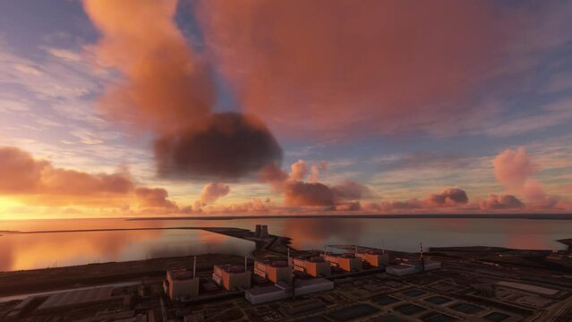 Circular aerial view at sunset of the Zaporizhzhia Nuclear Power Station in Ukraine. Europe