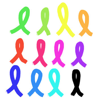 Multiple isolated color acrylic painted cancer awareness ribbons	