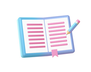 3d render of Gradient text book with pencil illustration icons for web social media ads designs	
