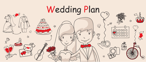 Fototapeta premium Doodle wedding set for invitation cards, including template design decorative elements