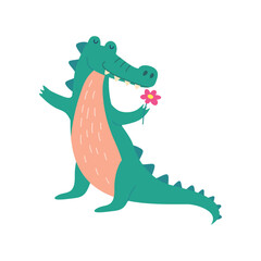 Cartoon Color Character Mascot Cute Crocodile Sniffing a Red Beautiful Flower Flat Design Style . Vector illustration