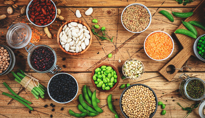 Legumes, beans and sprouts. Dried, raw and fresh, top view. Lentils, mung beans, chickpeas, soybeans, edamame, peas, Healthy diet food, vegan protein, micronutrients and fiber sources