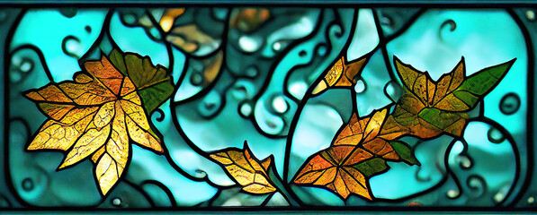beautiful background stained glass for window with autumn leaves and swirls in art nouveau style, Generative AI