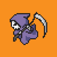 Fototapeta premium halloween icon of the death in the form of a skull with a purple hood and a sickle in his hands flying to the left chasing a victim on an orange background pixel art 8 bits style