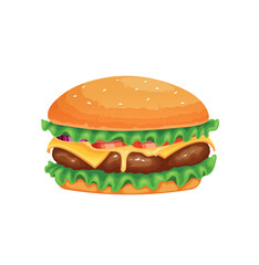 hamburger isolated on white background, fast food meal, cheeseburger icon illustration concept, cheeseburger with meat, lettuce, tomato, logo for your design