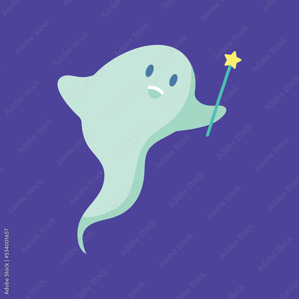 Sticker Cartoon Color Character Funny Happy Ghost with Magic Wand Halloween Concept Flat Design Style. Vector illustration