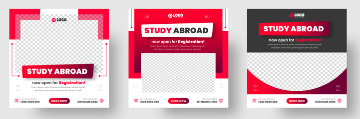 Study abroad social media post banner design. higher education social media post banner design set. school admission promotion banner. school admission template for social media ad.