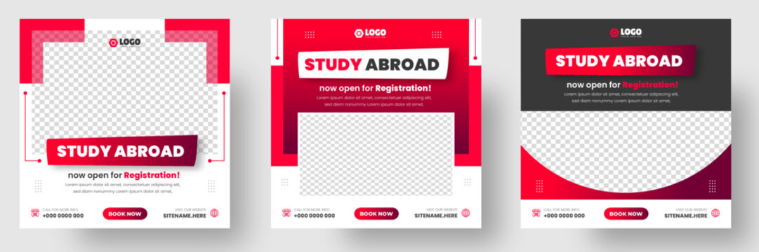 Study Abroad Social Media Post Banner Design. Higher Education Social Media Post Banner Design Set. School Admission Promotion Banner. School Admission Template For Social Media Ad.