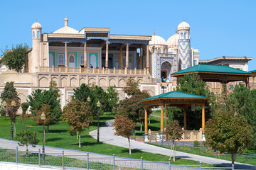 View of Hazrat Khyzr mosque and Islam Karimov mausoleum on a sunny day. Samarkand, Uzbekistan