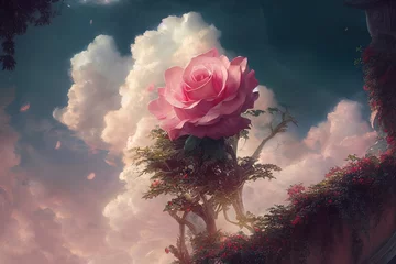 Zelfklevend Fotobehang Fantasy rose in the background of the landscape. Fairytale mountain landscape with flowers. Beautiful pink rose, flowers. Fantasy flower garden, magic. 3D illustration. © MiaStendal