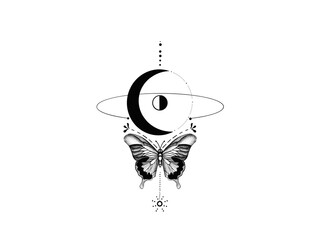 Phase of moon butterfly tattoo , alchemy , magic,esoteric, ink drawing isolated on white background.	
