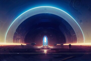 Impressive space sci-fi scene. Space station. Huge futuristic buildings. Outer Space. Glowing lights. Space 3D illustration.