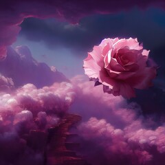 Fantasy rose in the background of the landscape. Fairytale mountain landscape with flowers. Beautiful pink rose, flowers. Fantasy flower garden, magic. 3D illustration.