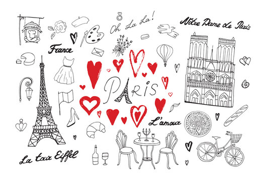 Paris France travel vector illustrations set.