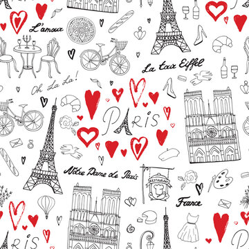 Paris France travel vector seamless pattern.