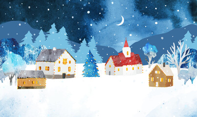 Watercolor Christmas vector illustration. Winter rural landscape with cozy houses, Christmas tree, church under night sky with moon and snow. Template  for invitation, postcard, banner, poster