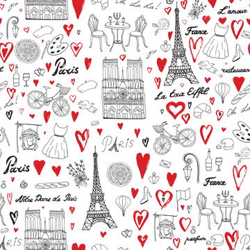 Paris France travel vector seamless pattern.
