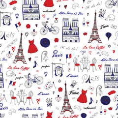 Paris France travel vector seamless pattern. - obrazy, fototapety, plakaty