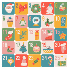 Christmas Advent calendar in flat hand drawn style, festive vector poster