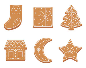 Set of Christmas gingerbread cookies in flat cartoon style.