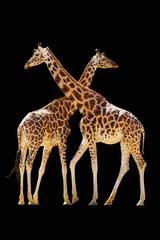 Two isolated African giraffes on a black background.