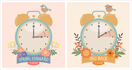 Daylight Saving Time vector illustration. Set of clocks, text fall back, spring forward. The hand of the clocks turning to winter or summer time. DST in Northern Hemisphere, modern flat pretty design