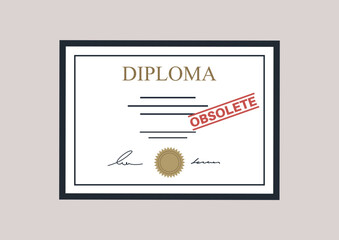 A university diploma with a red rubber Obsolete stamp, educational crisis
