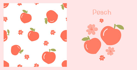 Seamless pattern with peach fruit and flower on white background. Set of peach fruit and flower icon logo on pink background vector illustration.