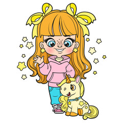 Cute cartoon girl with soft toy Unicorn color variation for coloring page on a white background